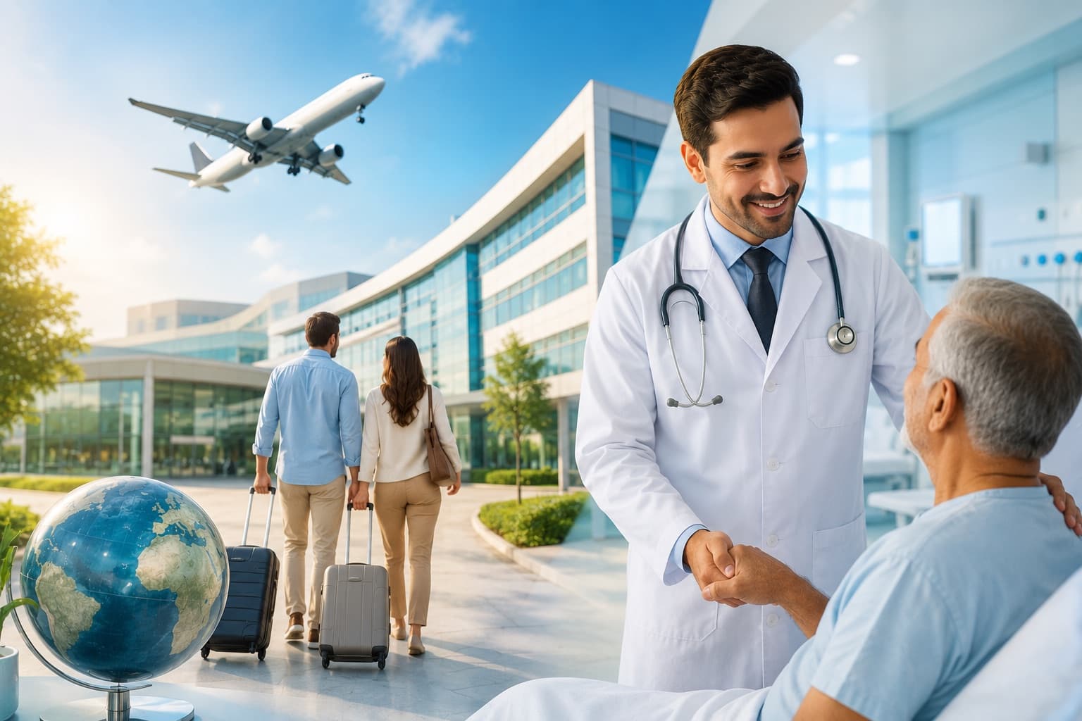 Medical coordinator assisting an international patient with arrival support.