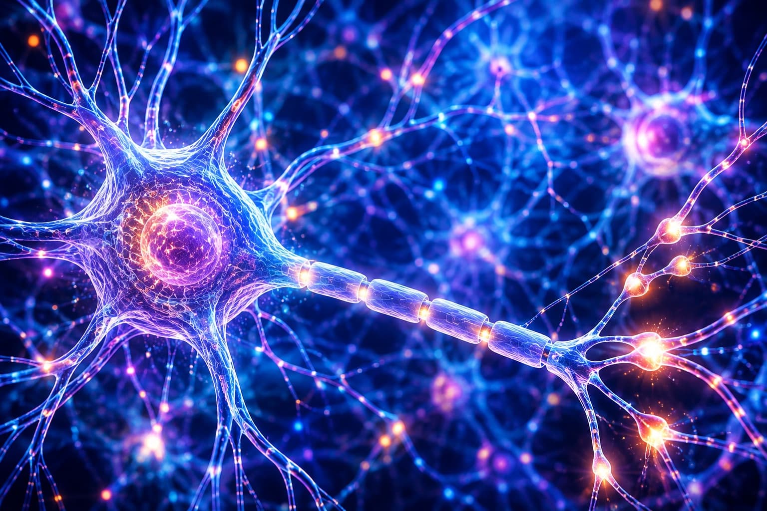 Illustration of neurons and connected pathways in the human nervous system.