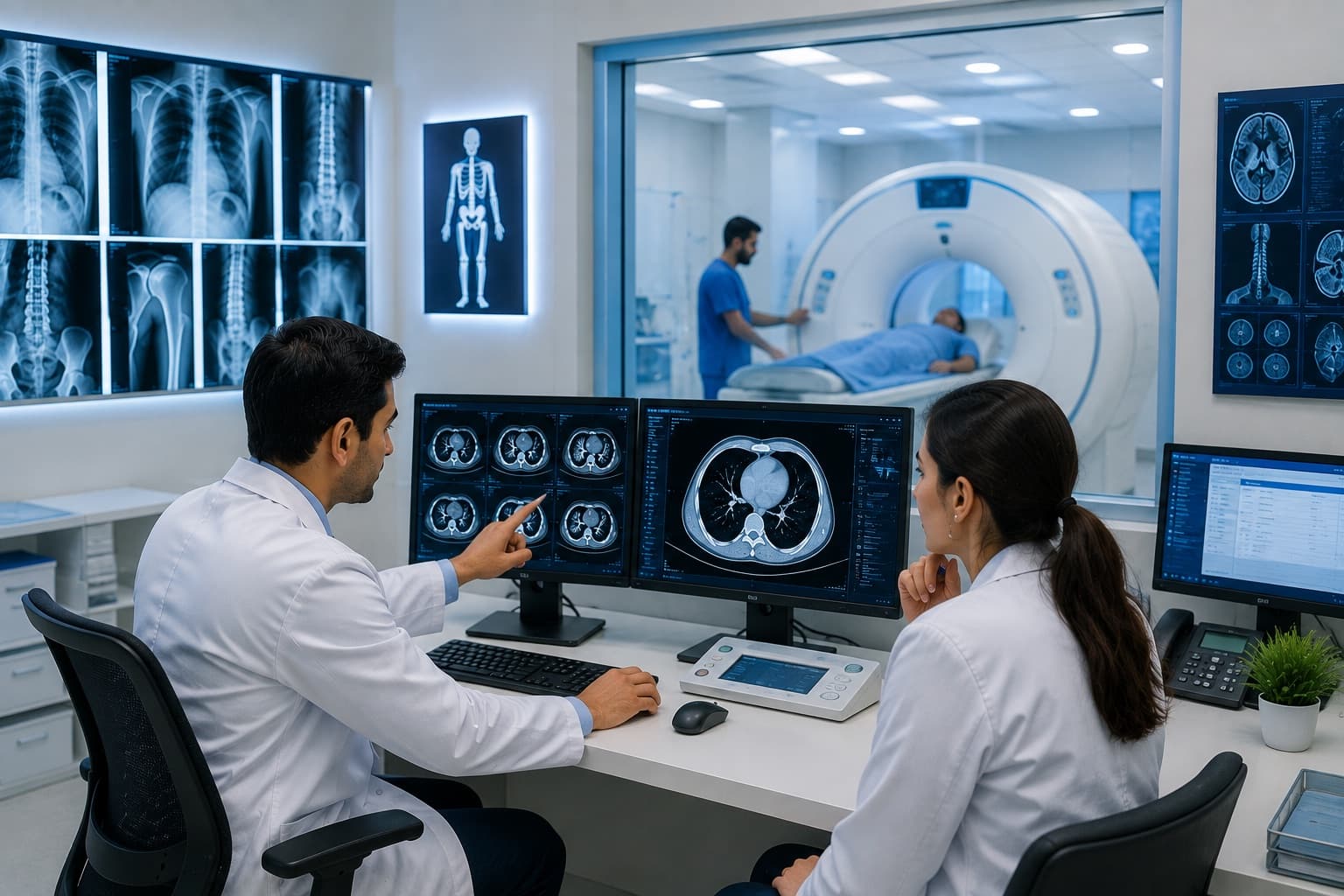 Radiology specialists reviewing MRI and diagnostic imaging for treatment planning.